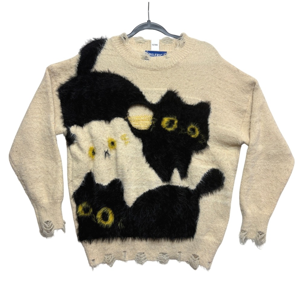 Elfric Eden Sweater Womens XS Cream Distressed Fuzzy Cat Graphic Knit Top